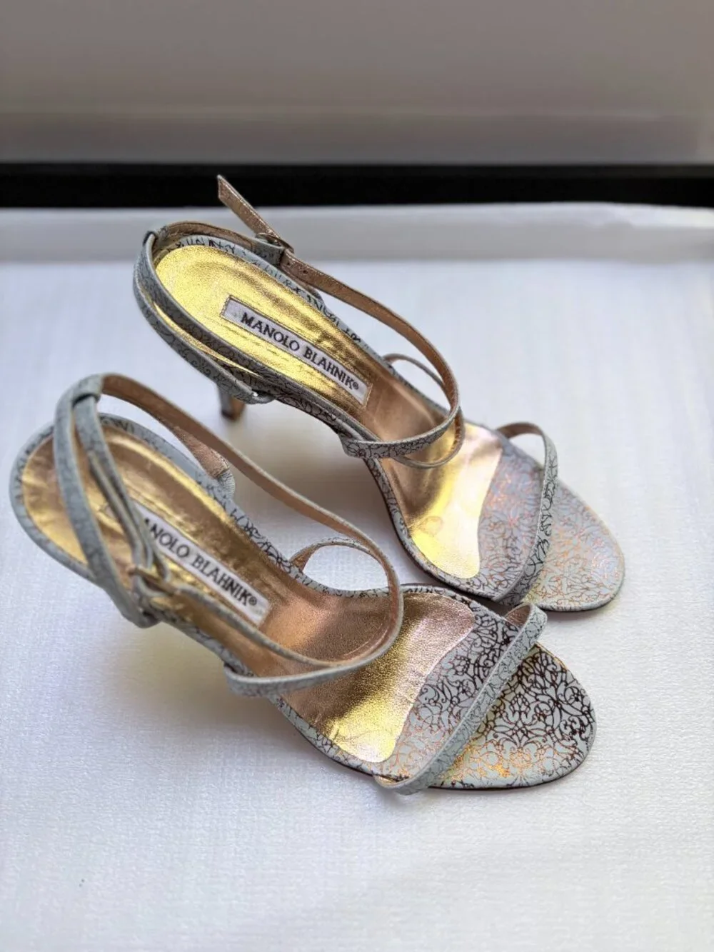 Manolo Blahnik Blue Gold Filigree Leather Strappy Heels EU 36
